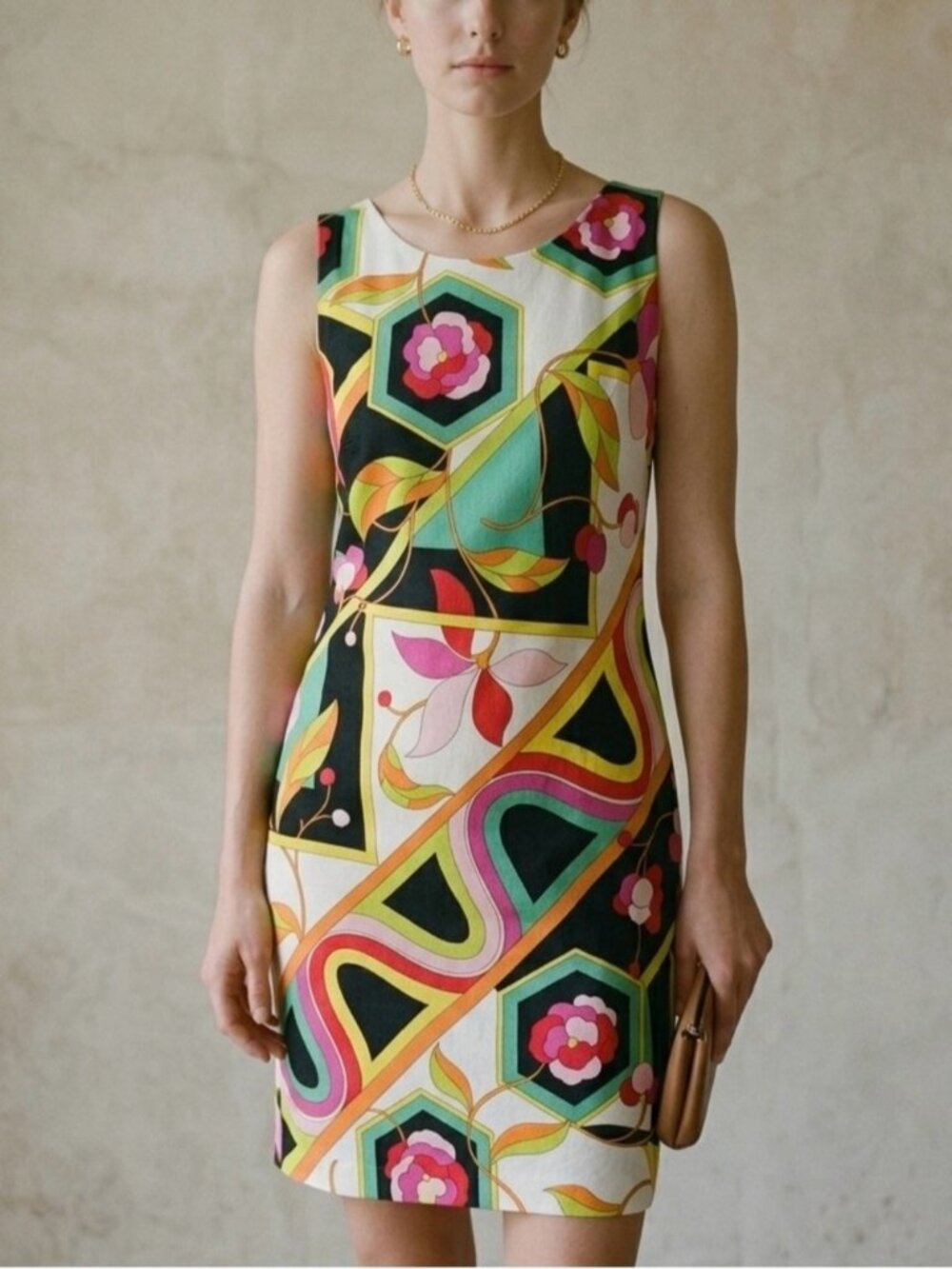 Vintage Byblos Geometric Floral Sheath Dress Size 44 = Medium Linen Blend